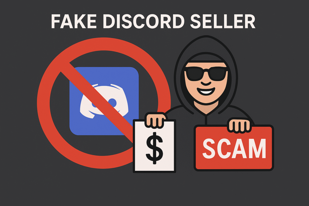 Fake Discord seller with scam alert signs and crossed Discord logo indicating account fraud risks.