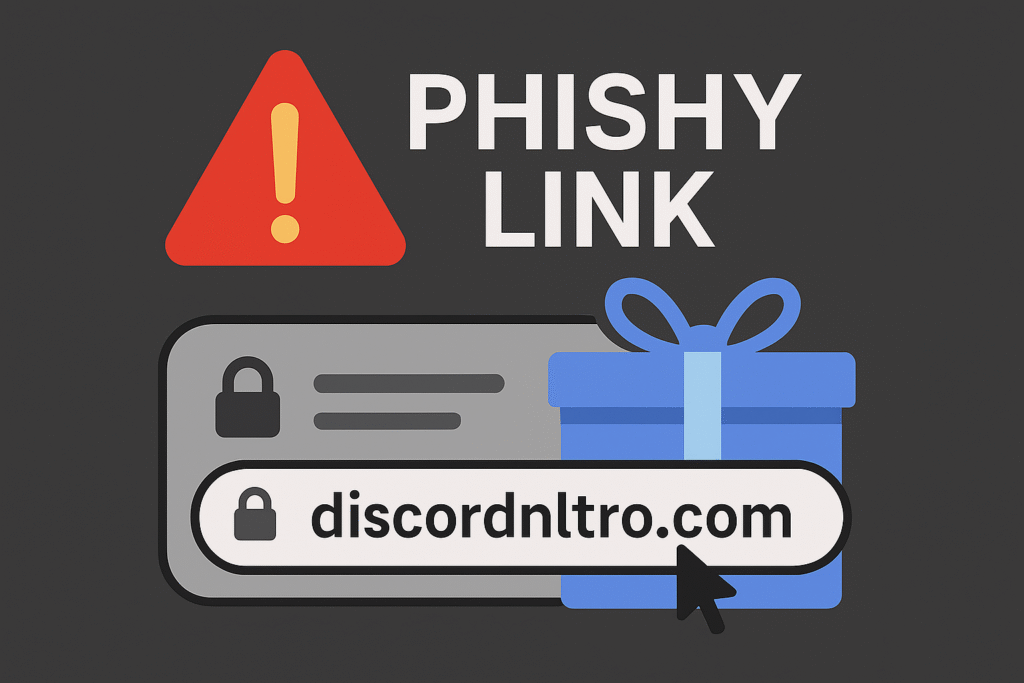 Phishing alert showing fake Discord Nitro link (discordnltro.com) with warning icon to educate users on scam URLs and domain impersonation