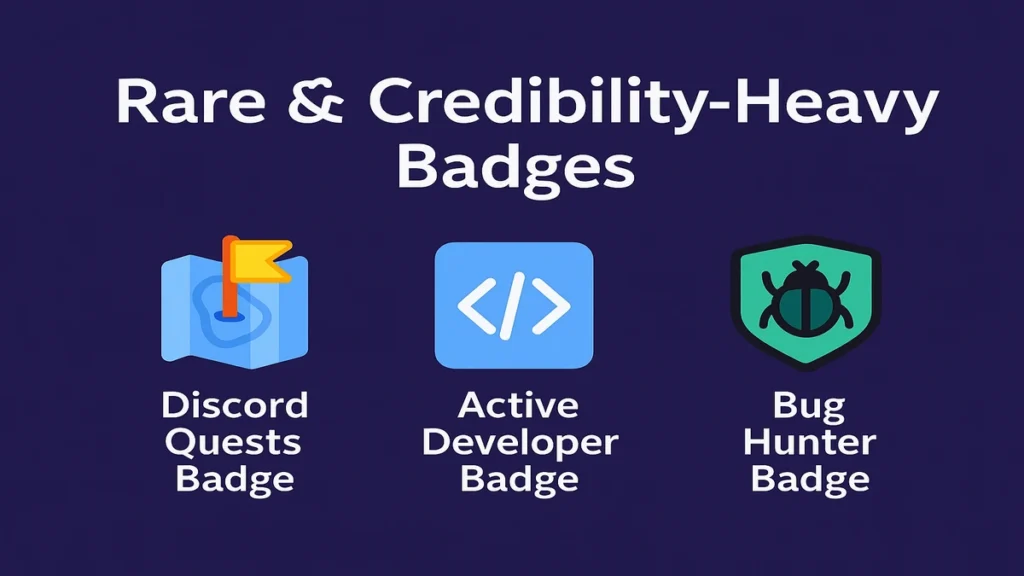 A digital illustration highlighting three rare Discord badges: Discord Quests with a flag and map, Active Developer with a code icon, and Bug Hunter with a bug shield, all on a dark backdrop