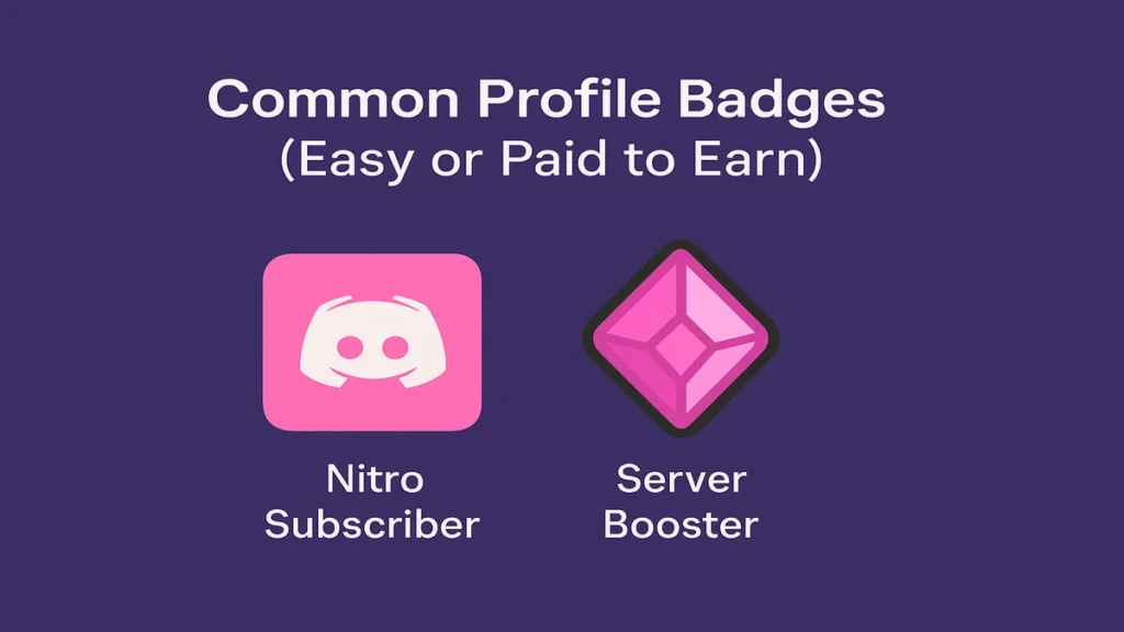 Two Discord profile badges—Nitro Subscriber and Server Booster—displayed side-by-side with a clean, minimal design on a purple background