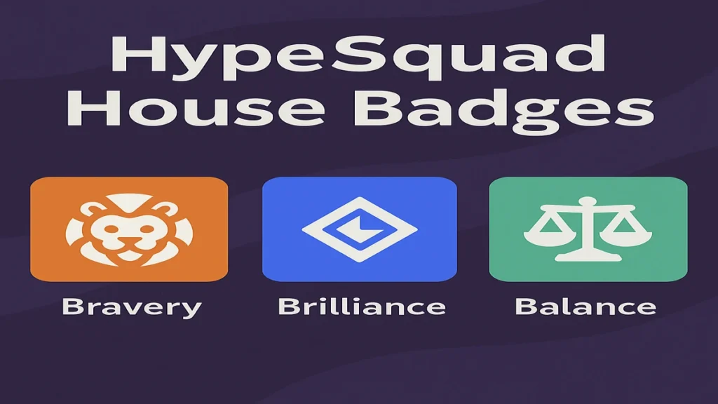 A graphic featuring the three Discord HypeSquad House badges—Bravery with a lion icon, Brilliance with a diamond symbol, and Balance with a scale—on a dark purple background