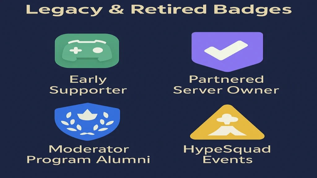 A visual overview of discontinued Discord badges including Early Supporter, Partnered Server Owner, Moderator Program Alumni, and HypeSquad Events, arranged in a grid on a dark blue background