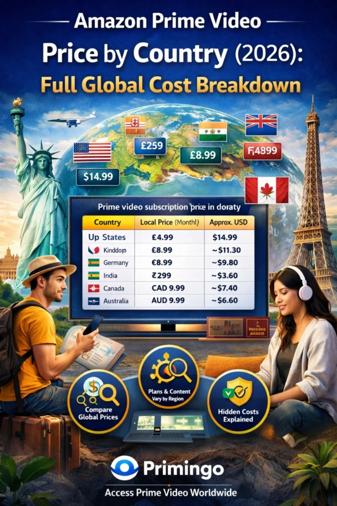 an image showing Amazon Prime Video price by country in 2026, showing global subscription costs, regional pricing differences, and Prime Video plans worldwide.