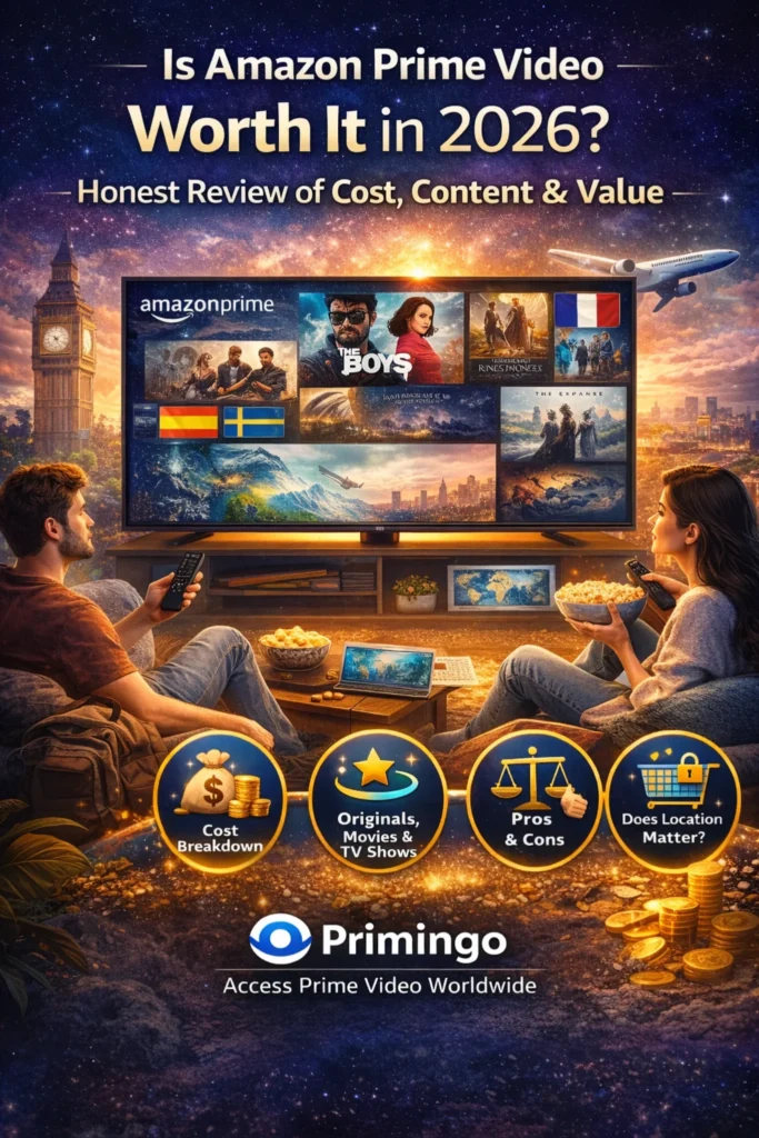 Amazon Prime Video is worth it in 2026, showing subscription cost, content value, pros and cons, and regional differences in Prime Video access.