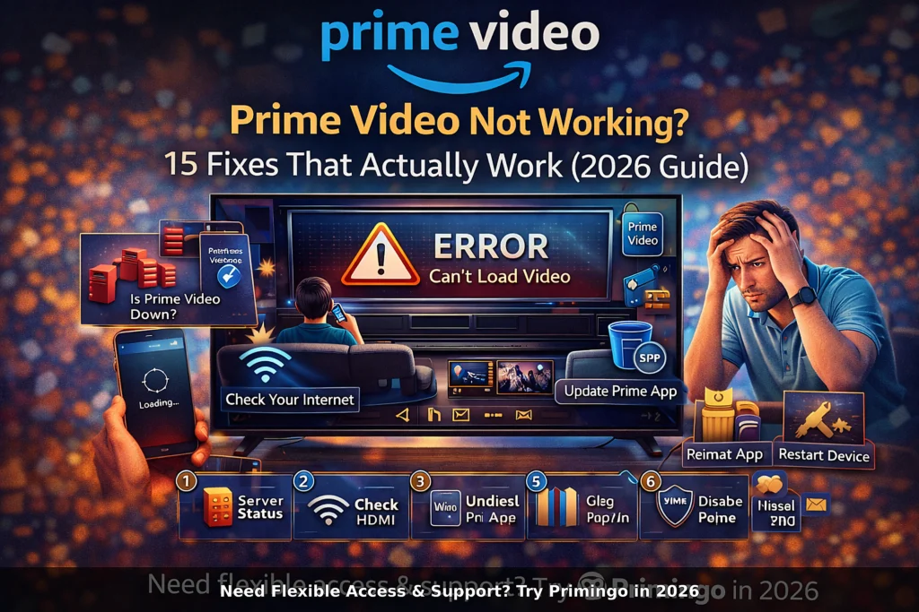 Primingo style graphic showing Prime Video not working error on smart TV with troubleshooting fixes like check internet connection, update app, restart device and resolve buffering issues in 2026.