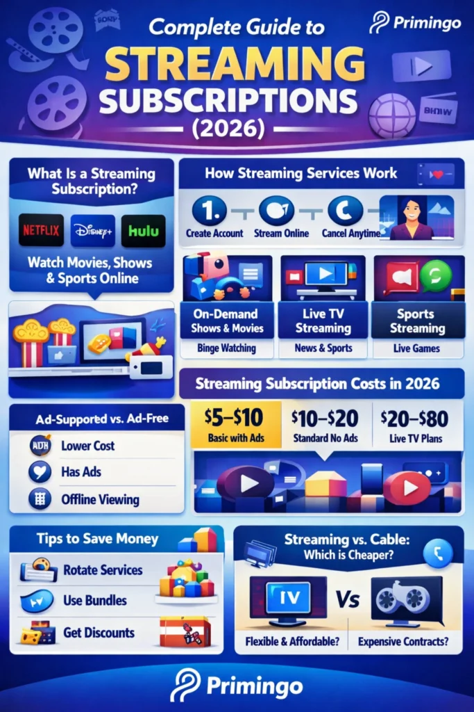 Complete guide to streaming subscriptions 2026 showing streaming service pricing, ad-free vs ad-supported plans, and tips to save money on digital entertainment subscriptions by Primingo