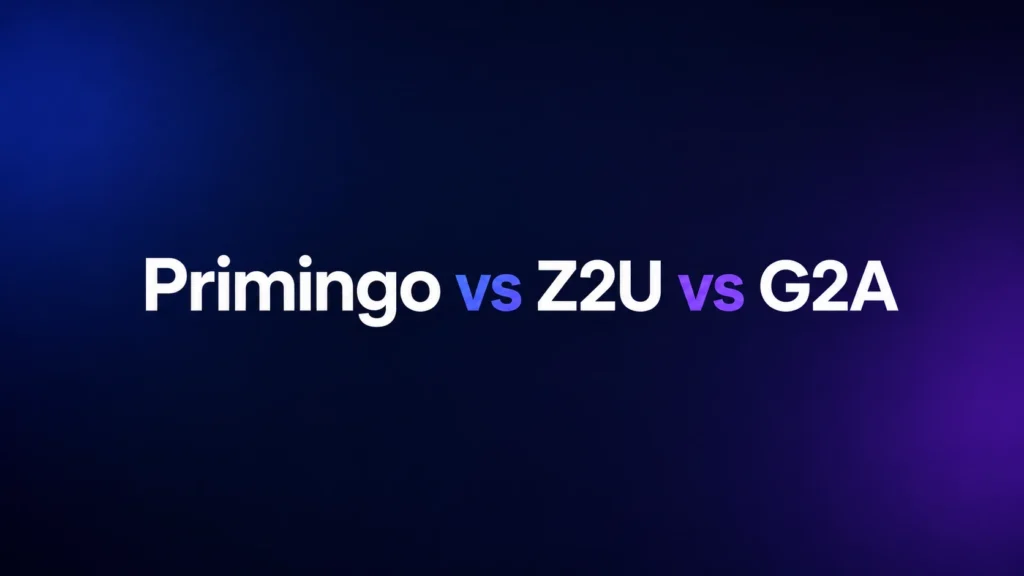 Primingo vs Z2U vs G2A comparison title on a dark blue purple background.