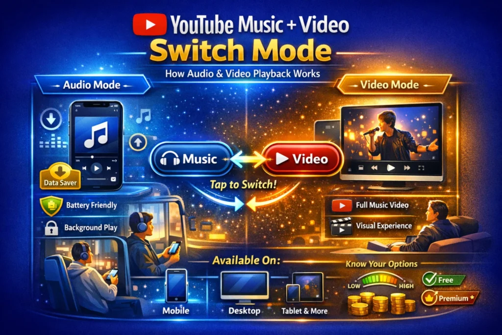 YouTube Music + Video Switch Mode. The image shows how users can switch between audio-only music playback and full music video mode, highlighting supported devices, data savings, and real-world use cases.