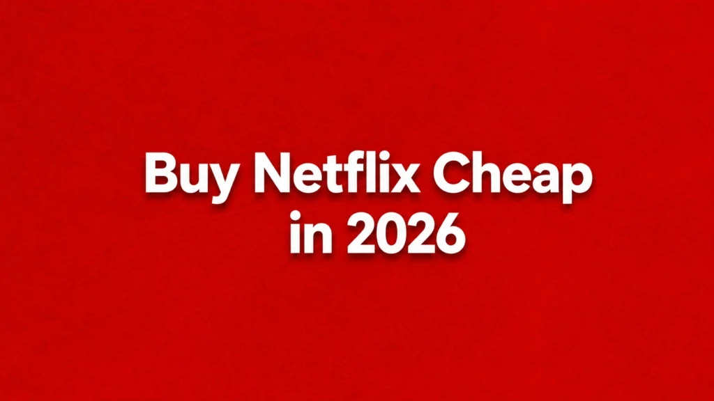 Buy Netflix Cheap in 2026 displayed in white text on a red textured background for Primingo.