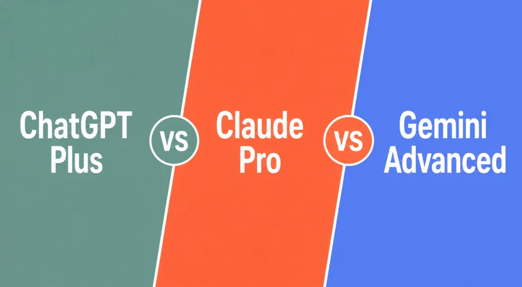 Comparison graphic showing ChatGPT Plus, Claude Pro, and Gemini Advanced on green, orange, and blue panels separated by white dividers with VS icons.
