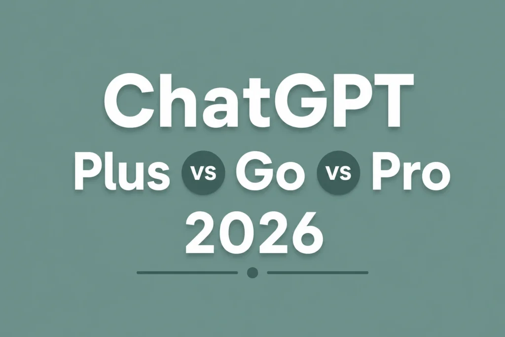 Minimal teal-green comparison graphic featuring the title “ChatGPT Plus vs Go vs Pro 2026” in large white text with modern typography and subtle shadows.