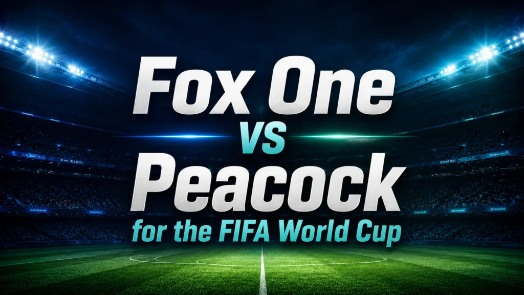 Fox One vs Peacock for the FIFA World Cup title displayed over a bright football stadium background.