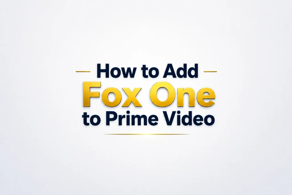 Centered title graphic reading “How to Add Fox One to Prime Video” on a clean light background with navy and gold text.