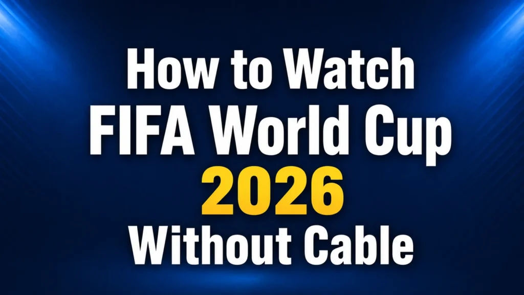 How to Watch FIFA World Cup 2026 Without Cable title graphic with bold white text, yellow 2026, and a dark blue background.