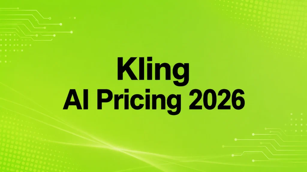 Kling AI Pricing 2026 title in bold black text on a bright green background.