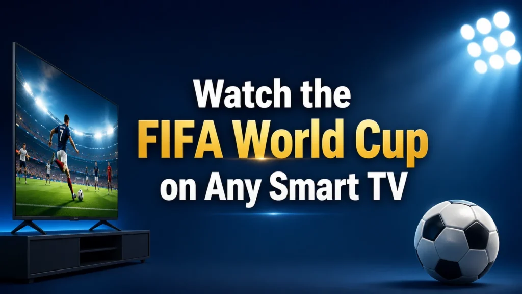 How to watch FIFA World Cup 2026 on any smart TV, shown by a smart TV streaming a football match beside a soccer ball