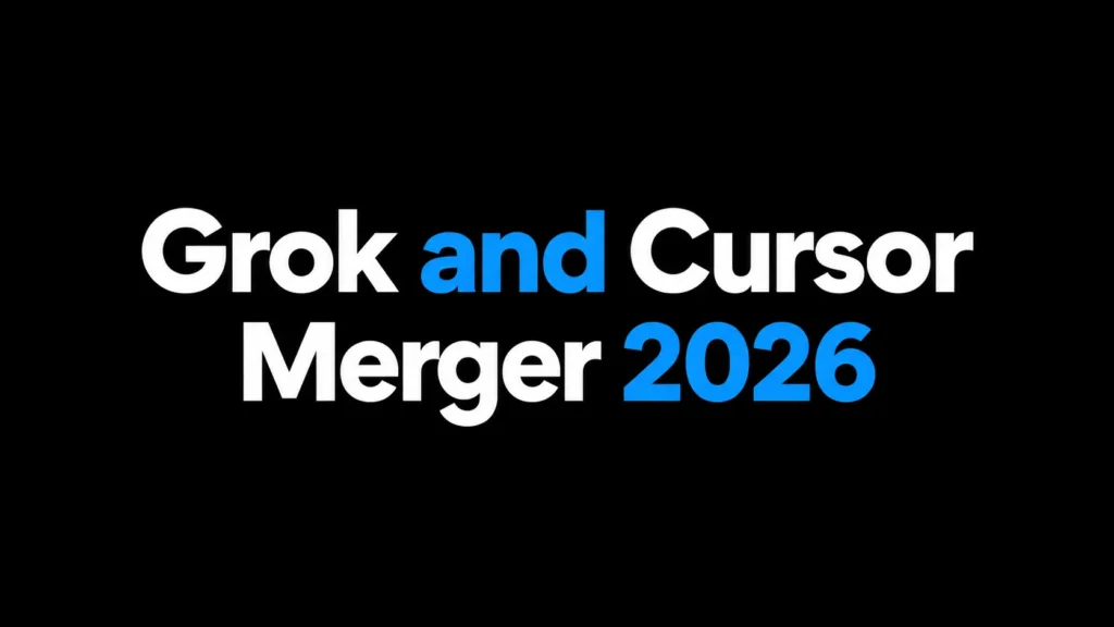 Grok and Cursor Merger 2026 in bold white and blue lettering on a black background | Primingo