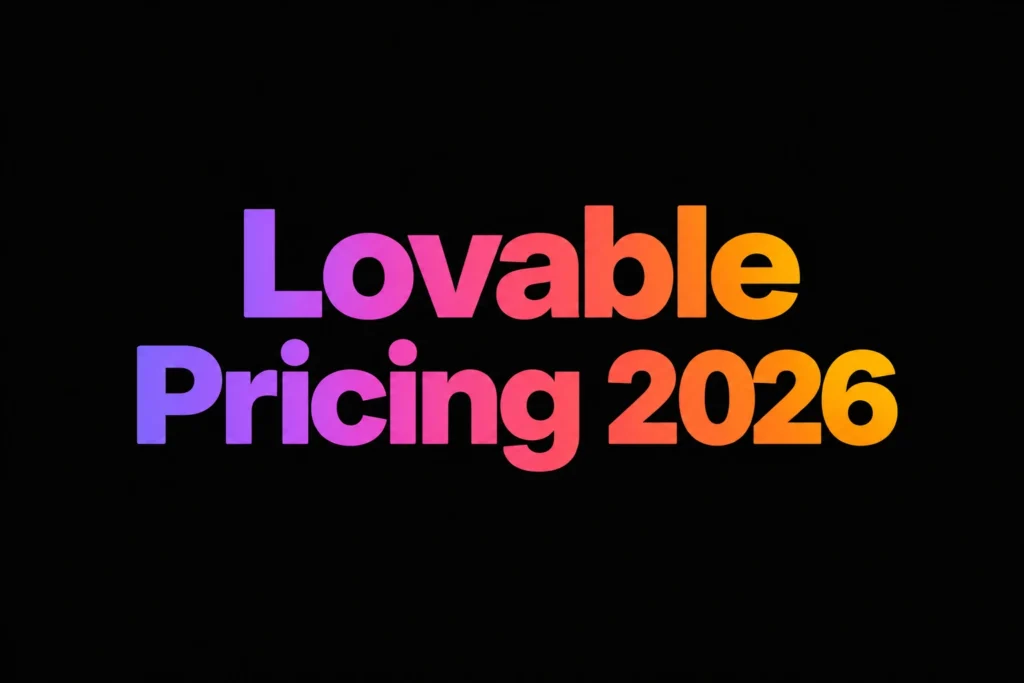 Lovable Pricing 2026 in bold purple, pink and orange gradient lettering on a black background - Primingo
